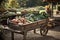 A charming, rustic scene of a vegetable harvest displayed in a wooden crate, wicker basket, wheelbarrow, emphasizing the farm-to-