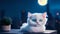 A charming scene of adorable cat cuties perched in the window, keeping a watchful eye on the world beneath the moonlit sky.