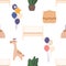 Charming Seamless Pattern Depicting Adorable Newborns Meeting Items such as Gift, Toys, Potted Plant, Balloons