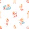 Charming Seamless Pattern Featuring Adorable Angels Heavenly Characters With Delicate Wings, Smiles, Relax On Clouds