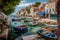 A charming shot of a small fishing village on the Croatian coast, with colorful buildings and boats in the harbor. The quaint