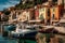 A charming shot of a small fishing village on the Croatian coast, with colorful buildings and boats in the harbor. The quaint