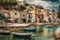 A charming shot of a small fishing village on the Croatian coast, with colorful buildings and boats in the harbor. The quaint