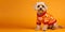 A charming small dog adorns a Christmas sweater on an orange backdrop