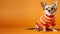 A charming small dog wearing a Christmas sweater set against an orange backdrop