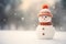 A charming snowman, adorned with a delightful hat and a carrot nose, situated in a snowy scenery, copy space