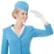 Charming Stewardess In Blue Uniform On White Background