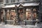 A charming storefront with frost-covered windows, showcasing a variety of beautifully arranged Christmas decorations, enticing