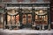 A charming storefront with frost-covered windows, showcasing a variety of beautifully arranged Christmas decorations, enticing