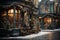 A charming storefront with frost covered windows, with variety of beautifully arranged Christmas decorations. Generative Ai