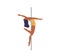Charming strong athletic woman dancing on pylon performing complex exercise, pole sport concept
