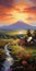 Charming Sunrise Painting With Mountain In Idyllic Rural Scene