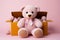 Charming teddy bear in craft box, isolated on pink with copy space