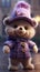 Charming Teddy Bear Wearing a Purple Bonnet.