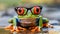 Charming tiny frog with eyeglasses posing in front of professional studio background