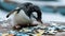 Charming top view of a cute penguin engaged in a jigsaw puzzle, playful and smart. Ai Generated