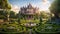 Charming Victorian Manor Amidst Whimsical Gardens. Fantasy Palatial Garden Retreat. Generative AI