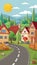 Charming village background with sun, houses, trees, and road