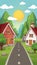 Charming village background with sun, houses, trees, and road