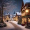 Charming village covered in snow with festive holiday decorations Cozy and heartwarming illustration for winter-themed or Christ