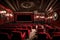 A charming vintage cinema with red velvet seats, an ornate ceiling,