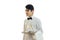 Charming waiter shirt holding a tray, and looks toward