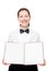 Charming waitress with menu blank blank smiling
