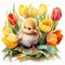 Charming Watercolor Baby Chick Nestled Amidst Tulips AI Generated