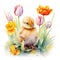 Charming Watercolor Baby Chick Nestled Amidst Tulips AI Generated