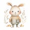 A charming watercolor drawing of a bunny hare in a patterned sweater, with a pocket, radiating a sense of joy and calm