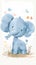 Charming watercolor drawing of a friendly blue elephant sitting and waving with a warm gesture