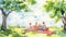 A charming watercolor illustration of a family enjoying a picnic under a large tree in a lush park, with a picnic basket, food,