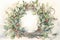 Charming watercolor illustration of a vintage Christmas wreath with muted, pastel-colored ornaments