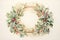 Charming watercolor illustration of a vintage Christmas wreath with muted, pastel-colored ornaments