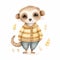 A charming watercolor image of a meerkat dressed in a striped yellow sweater, offering a friendly gaze, surrounded by