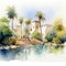 Charming Watercolor Oasis Sketch With Palm Trees And Fountain