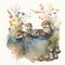 A charming watercolor painting of a group of baby otters playing in a river