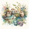 A charming watercolor painting of a group of baby otters playing in a river