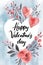 A charming watercolor Valentine's Day illustration featuring whimsical floral arrangements and playful hearts around