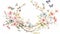 A charming watercolor wreath of pastel colored cherry blossom branches accented with tiny butterflies.