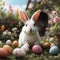 A charming white bunny with large, attentive ears sits amidst colorful . Ai-Generated Images