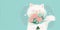 A charming white kitten holds a bouquet of flowers on a turquoise background,a place for text,a flat illustration, a concept for