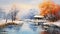 Charming Winter Landscape Painting Of Orange River In Rural China