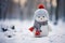 Charming Winter Scene. Adorable Snowman with Festive Hat and Scarf on a Glistening Snowy Background