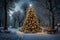 A charming winter scene with a beautifully decorated Christmas tree,