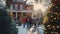 charming winter street scene, capturing the joy of the holiday season with decorated houses, a lit Christmas tree, and people