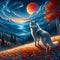 A charming wolf in a beautiful hill, breathtaking view, with red moon in a starry night, fluffy clouds, autumn season, painting