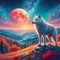 A charming wolf on a hill, with breathtaking view arounds, at autumn night, starry sky, red moon, dreamy, flower, painting art