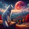 A charming wolf sitting on a hill, with breathtaking view arounds, starry night, red moon, digital painting art, forest