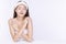 Charming woman wear headband touching body with clean fresh body. Teenager before bathing while close her eyes over isolated